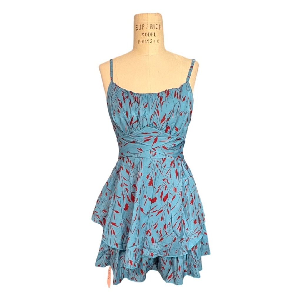 NWT Blue Red Floral Tiered Mini Dress Romper Ruched Strappy Summer Brunch Size S